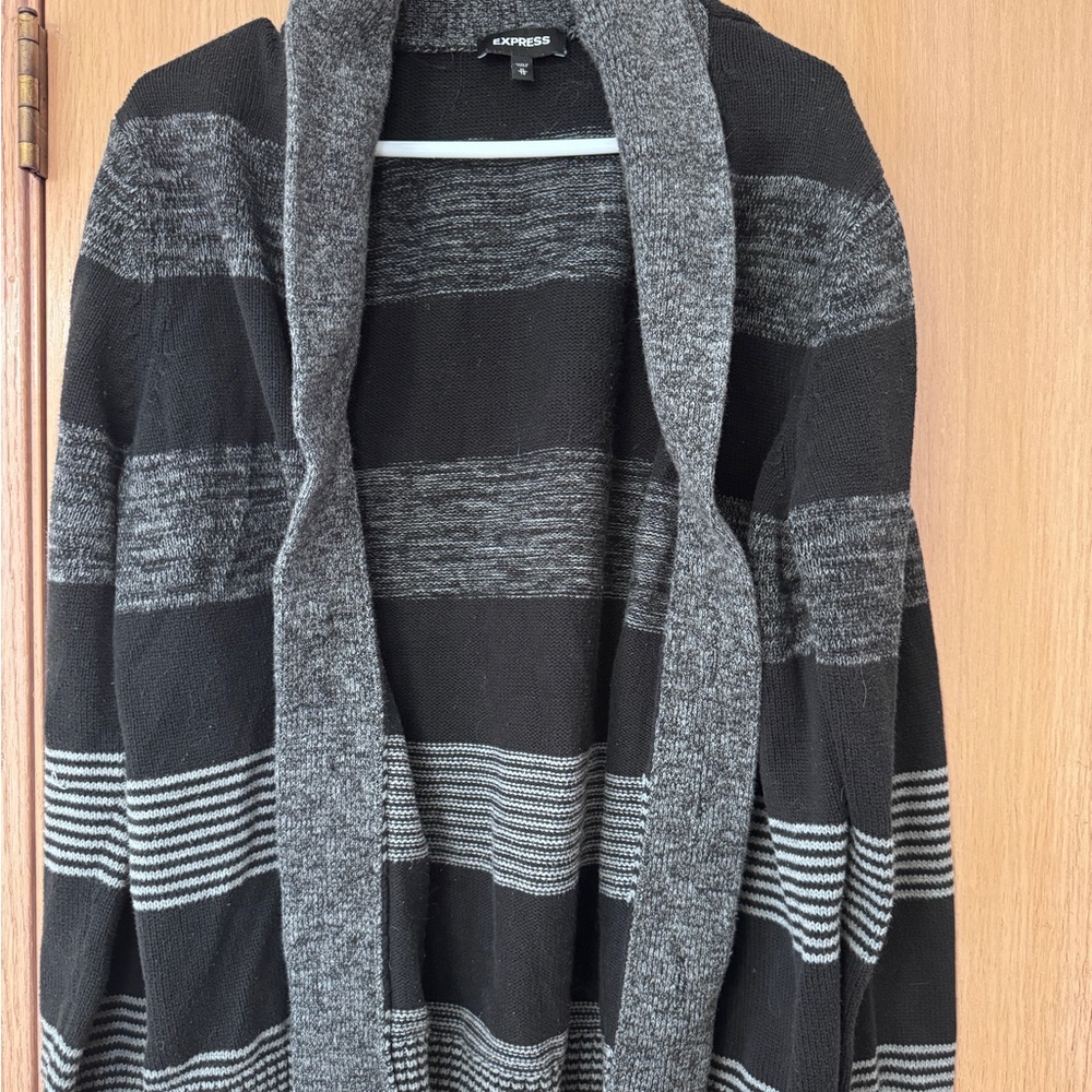 Express Men's Charcoal and Black Striped Cardigan